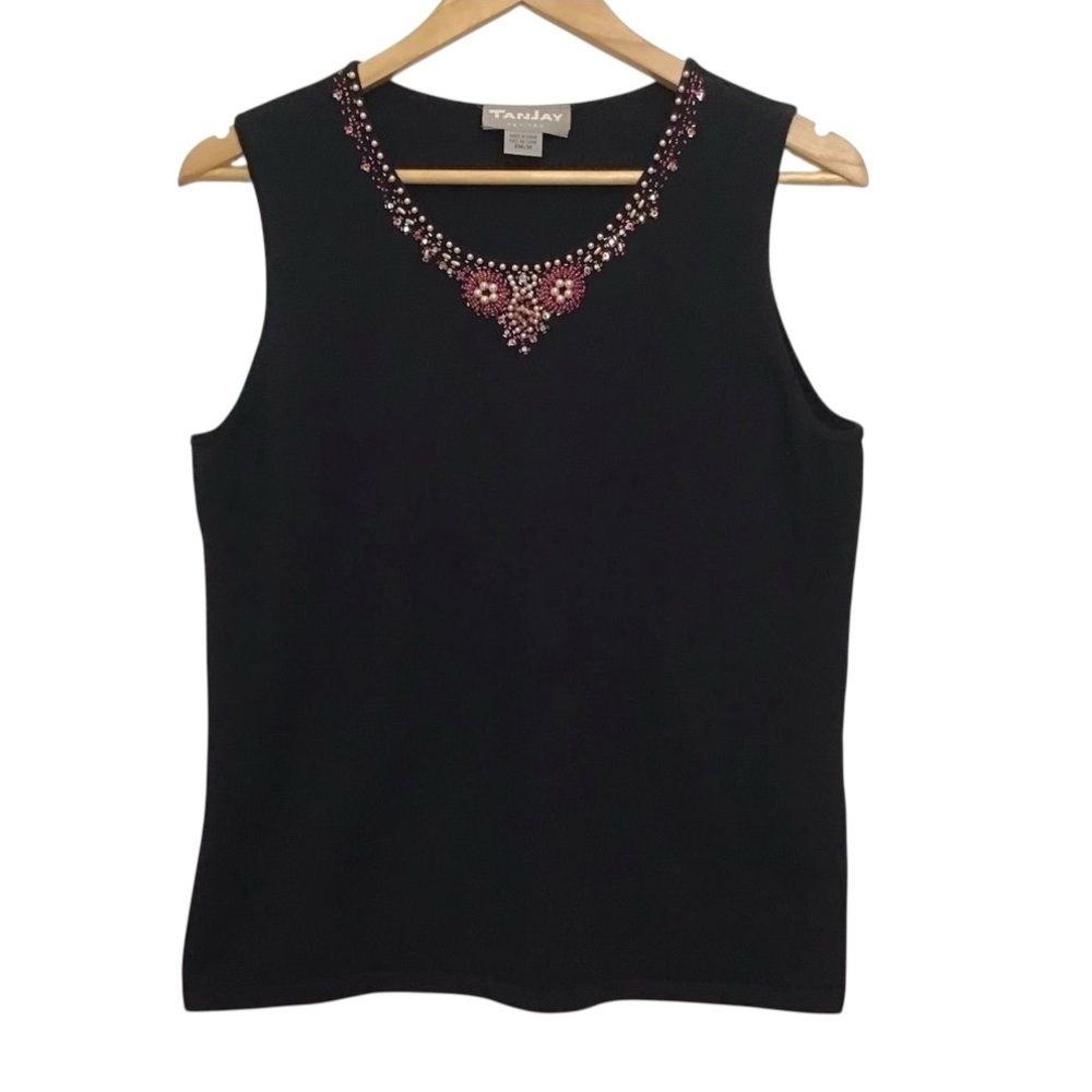 2/40$TANJAY black sleeveles top chic beaded details neckline bling medium petite